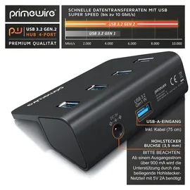 Primewire USB 3.2 Gen2 Hub, 4 Port Aktiver Verteiler mit Netzteil, 10 Gbit/s
