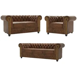s-style möbel SITZGARNITUR mit Schlaffunktion 3+2+1 Chesterfield Flux Braun Microfaser Vintageoptik