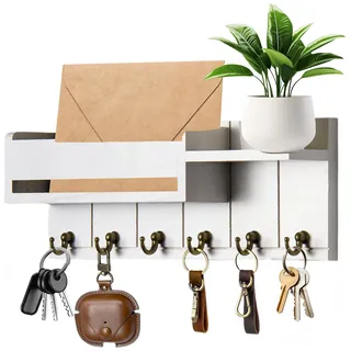 Schlüsselbrett Holz mit Ablage,Schlüsselkasten holz mit Regal Enthält Briefhalter und 6 Haken,Multifunktionales Schlüsselhalter/Schlüsselboard,Schlüsselbrett Holz für Eingang,Flur,Wohnzimme (Weiß)