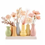 WESTCRAFT Dekovase Handgefertigte kleine Keramik Deko Blumenvasen Set aus kleinen Vasen, bunt & weiß, dekorative Keramikvasen auf Sockel für Trockenblumen, hübsche Mini Vase (Vase (7er) bunt V2-20cm)