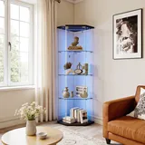Fünfeck-vitrine Mit Led-beleuchtung, Eckvitrine Glasvitrine Mit 4 Ablagen Für Sammlerstücke, Glasvitrine Standvitrine Mit 1 Tür Und Schloss, Für Wohnzimmer, Schlafzimmer Und Büro, Schwarz