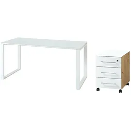 KADIMA DESIGN Schreibtisch-Set MUENCHEN 160x80 cm Glasplatte | Container Chalet-Eiche-Nb./Weiß