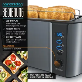 Arendo - Wasserkocher mit Toaster und Eierkocher SET Edelstahl Grau Wasserkocher 1,5L 40° - 100°C, Toaster 4 Scheiben LED-Display 6 Bräunungsgrade