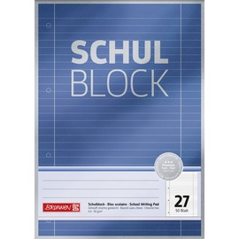 Brunnen Schulblock / Notizblock Premium (A4, 50 Blatt, liniert, mit Randlinien, Lineatur 27, gelocht, kopfverleimt, 90 g/m2)
