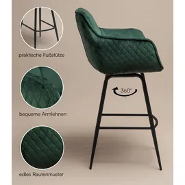 Home4You Barhocker 2er Set, Grün - H 106 cm - Samtbezug - Metallgestell - 360 Grad drehbar - 2er Set