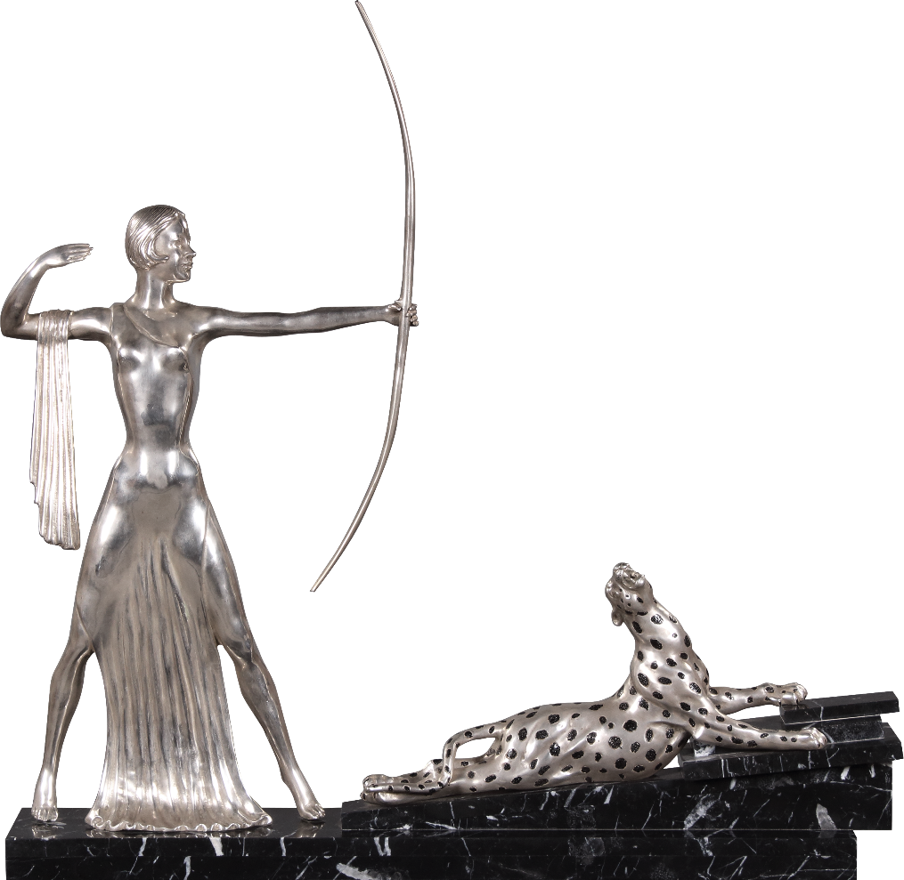 Casa Padrino Bronzefiguren Diana mit Bogen und Leopard auf Marmorsockel Silber / Schwarz 85 x 13 x H. 82 cm - Luxus Deko Diana Göttin der Jagd