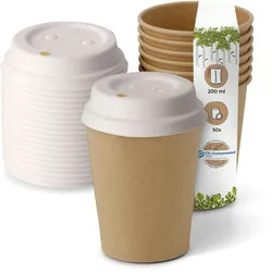 BIOZOYG 50 Stück Kaffeebecher mit passenden Pappdeckeln 200ml / 8oz Einwegbecher Pappbecher Kaffeetassen ungebleicht kompostierbar nachhaltig