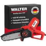 WALTER Mini Kettensäge Elektro 650W – Kompakte Astsäge mit 20 cm Schwert & 185 mm Schnittlänge, werkzeugloser Kettenwechsel, 7,9 m/s Kettengeschwindigkeit, 4800 U/min elektrisch für Garten, Holz & DIY