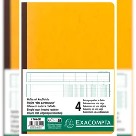 Exacompta 17040E Mehrkolonnenheft gebunden mit 4 spalten auf 1 Seite und 34 Zeilen, 40 Blatt, 110g, DIN A4, - Farben sortiert