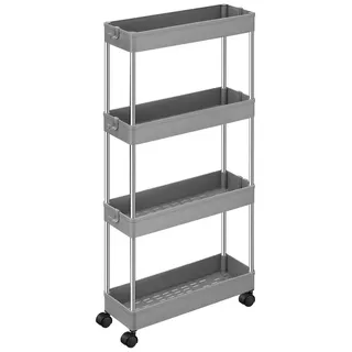 Songmics Rollwagen, mit 4 Ebenen, Küchenregal, Nischenregal, mit 6 Haken, 360° drehbare Räder, Stahlgestell, Bad, Küche, Büro, grau
