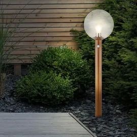 GLOBO Gartenleuchte mit Bewegungsmelder Außenleuchte Stehlampe Standleuchte Terrassenlampe, Holzoptik Alu Glas braun,1x E27, Dxh 25x100 cm