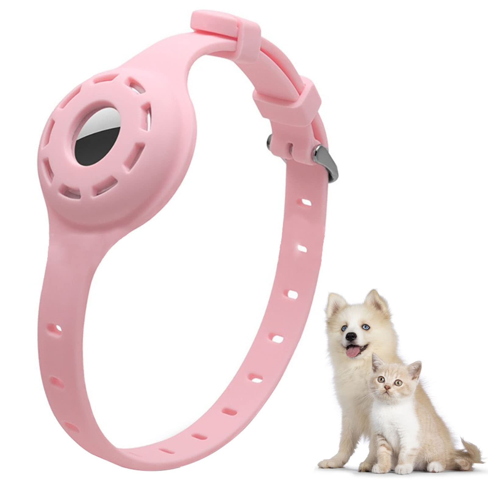 PUSHY.D Apple AirTag Hundehalsband Anti-Lost Verstellbares Silikon Leuchtende Airtag Schutzhülle Hunde- und Katzenhalsbandzubehör Geeignet für Große Mittlere und Kleine Hunde und Katzen(rosa)