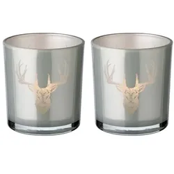 EDZARD 2er-Set Teelichtglas Eto (Höhe 8 cm), grau, Hirsch-Motiv