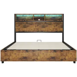 Merax 140*200cm Flachbett, farbwechselnde LED-Umgebungsbeleuchtung, 24-Tasten-Fernbedienung, großer Stauraum im Bettkasten, braun