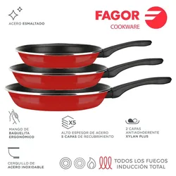 FAGOR Optimax 3er Set Bratpfannen 20-24-28 cm Induktion, Emaillierter Stahl, Antihaft XYLAN Ökologisch PFOA-frei, Rot