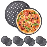 Relaxdays 10 x Pizzablech, rund, gelocht, antihaft, Pizza - Flammkuchen, Carbonstahl, Knusperblech, ∅ 32 cm, Pizzabackblech, grau