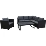 KETER Provence Garten-Lounge, Eck-Sofa mit grauen Kissen und höhenverstellbarem Tisch und Sessel, wetterfest