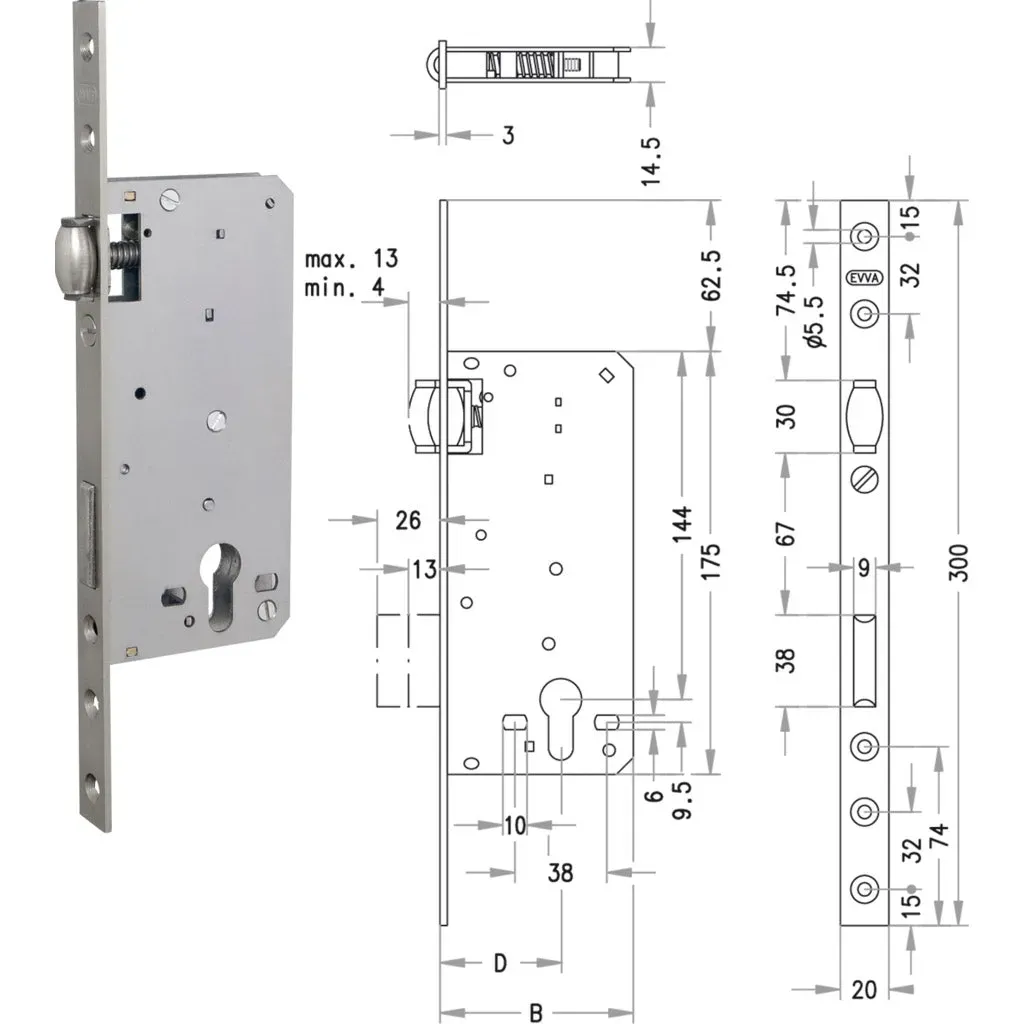Einsteck-Rollfallenschloss E720 -  50 / 80