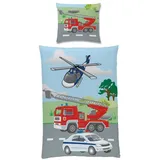 Familando Kinderbettwäsche mit Feuerwehr & Polizei Motiv für Jungen Blau Grau 135x200 80x80 cm, Renforcé, 2 teilig, mit Wendeseite und 2. Motiv auf Kopfkissen bunt