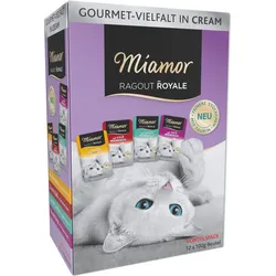 Miamor Ragout Royale in Cream Vielfalt Kalb, Ente, Huhn & Lachs 12x100g Beutel Multipack Katzennassf