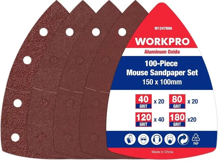 WORKPRO Packung mit 100 Dreiecksschleifblättern, Klett-Dreieckschleifblätter 105 x 152 mm für vielseitige Schleifer, Dreiecksschleifer, Körnung 40, 80, 120, 180 zum Schleifen, Polieren, Entfernen von Farbe von Holz
