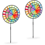 Relaxdays Windrad, 2er Set, Regenbogen-Design, Kinder, Windspielstecker für Balkon & Garten, HBT: 72 x 35 x 15 cm, bunt