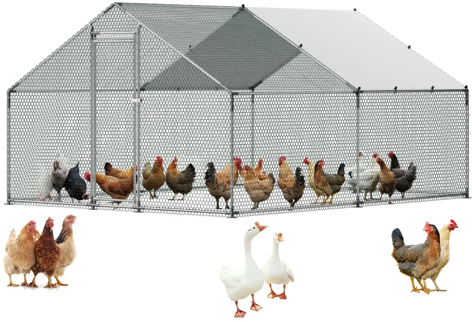 VEVOR Hühnerstall 3x4x2 m, Begehbarer Hühnerauslauf mit Abdeckung, Hühnerhaus mit Turmdach & Sicherheitsschloss, Enten- & Kaninchenkäfig, Geflügelgehege für Hinterhof, Bauernhof, Hof