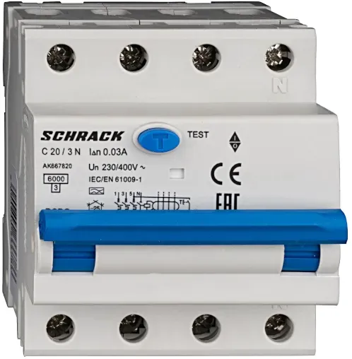 Schrack LS-FI-Schalter AMPARO, 6kA, Kennlinie C, 20A, 30mA, 3+N, Typ A (AK667820--)