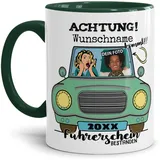 Tassendruck Fototasse selbst gestalten mit Name, Jahr und Foto - Personalisierte Foto-Geschenke zur bestandenen Führerscheinprüfung | Personalisiertes Geschenk, 300ml, Innen & Henkel Dunkelgrün