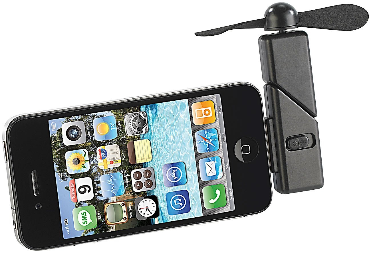 Callstel Handy Ventilator iPhone: Mini-Ventilator für iPhone & iPod touch mit Dock-Connector, 30-polig (Gadgets, Ventilator mit Adapter, Lüfter)