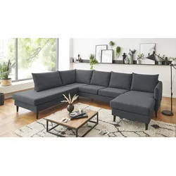 Wohnlandschaft "Rekvik U-Form", grau (anthrazit), B:308cm H:79cm, ATLANTIC HOME COLLECTION, Sofas, mit Wellenunterfederung, mit Massivholzfüßen