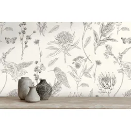 Living Walls Vliestapete Drawn Into Nature Blumen-Tapete Mustertapete Pflanzen Natur, strukturiert, matt, (1 St), Vliestapete Blümchen für Schlafzimmer Küche Wohnzimmer Blumen Design schwarz|weiß
