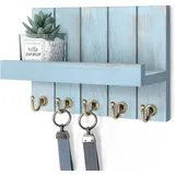 Kldgris Schlüsselbrett Holz mit Ablage, Schlüsselhalter mit 5 Schlüsselhaken, Dekoratives Holz Wandregal, für Eingangsbereich, Haustür, Flur, Schlafzimmer, Altes Blau