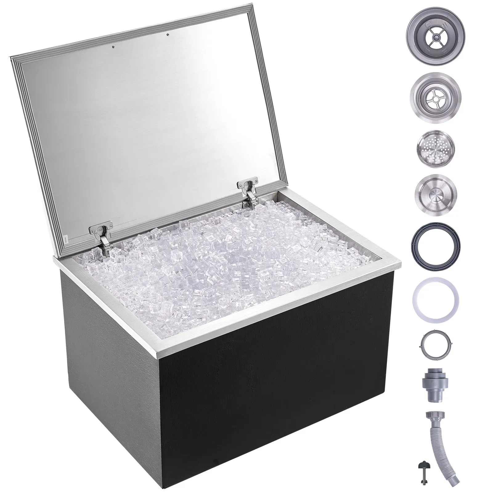 VEVOR Drop-in-Eisbox, 107,8 L Edelstahl-Eiskühler, 710 x 508 x 437 mm Kommerzieller Eisbehälter mit Klappdeckel, Eingebaute Eisspeichertruhe, Abflussrohr und Ablassstopfen im Lieferumfang Enthalten