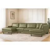 PLACES OF STYLE Wohnlandschaft »Pinto, 350 cm, U-Form, XXL, mit Ottomanen«, Cord, Chenille, Lederoptik, mit Keder, Metallfüße, Wellenunterfederung grün