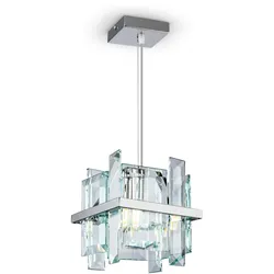 Moderne Kristall Pendelleuchte, gefrorenes Design, quadratisch, aus chromfarbenem Metall und Glas, für 1 Leuchtmittel 40W E14 230V (exkl)