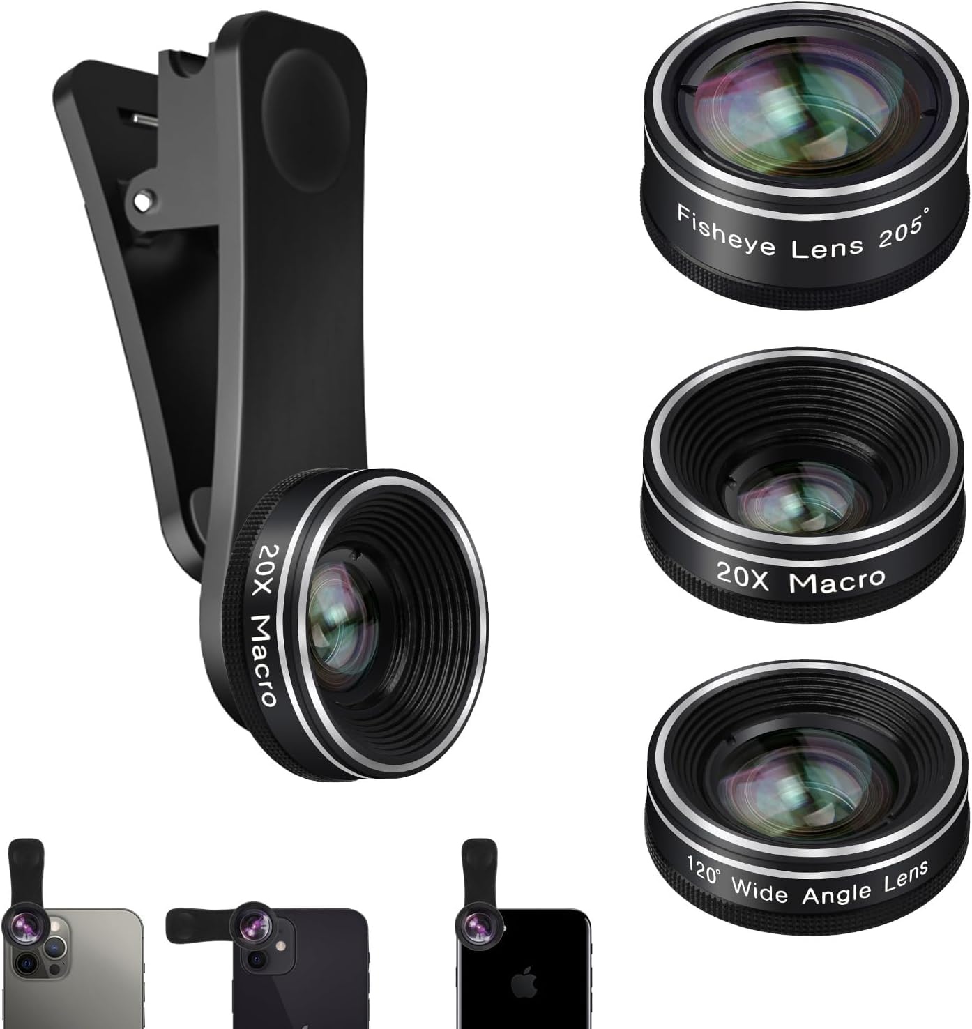 Mocalaca Phone Camera Lens 3 Phone Lens Kit with Refective Mirror, Clip on Fisheye/Macro/Wide Angle Lens Attachment for iPhone 14 13 12 11 Xs X Pro Max Samsung Android Smartphone, MO-MI-3LENS