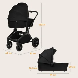 lionelo Mika Plus 2-in-1 Buggy 0-48 Monate (22kg), XXL-Verdeck mit UPF50+, 3-stufige Verstellung des Elterngriffs - Black Onyx - Schwarz