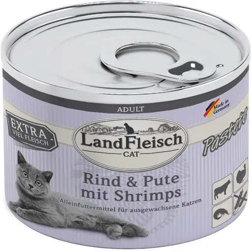 LandFleisch Katze Adult Pastete Rind, Pute & Shrimps 6 x 195g