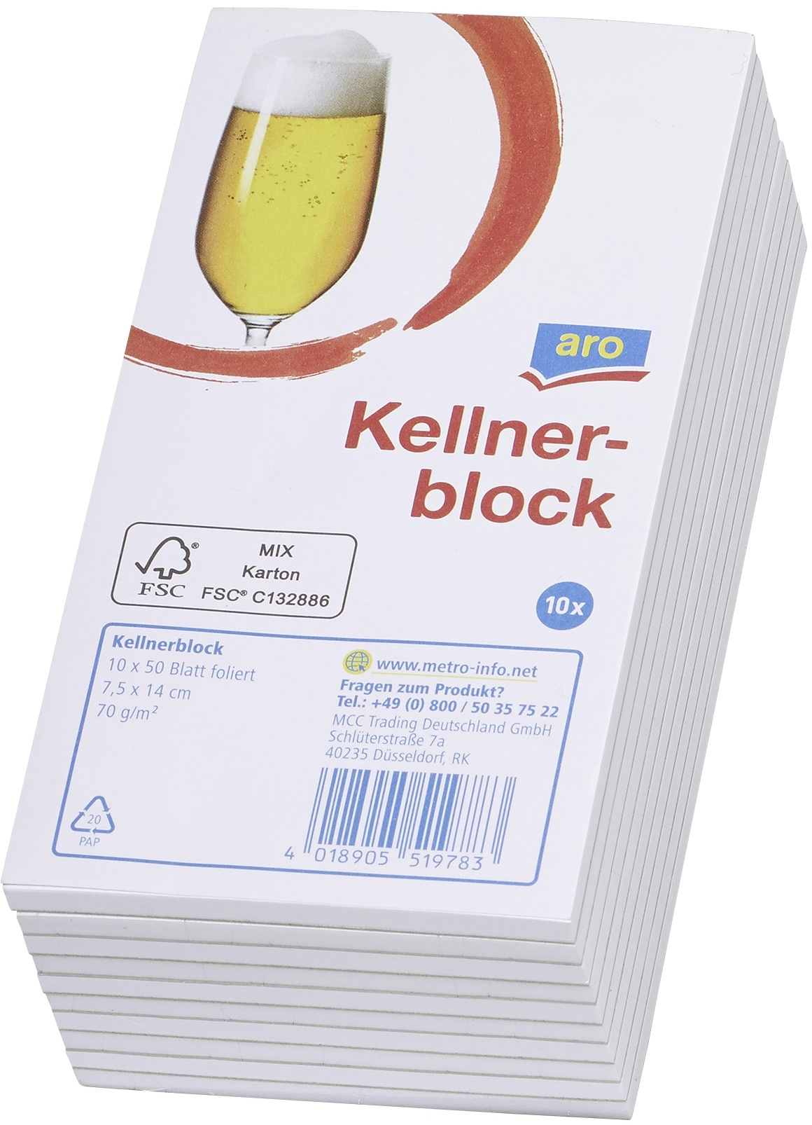 aro Kellnerblock, 7 x 14.8 cm, 70 g/m2, 50 Blatt, 10 Stück