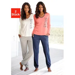 Pyjama VIVANCE DREAMS, Damen, Gr. 44/46, bunt (ecru, grau, meliert, koralle, marine), Single Jersey, Obermaterial: 100% Baumwolle. Graumeliert (Obermaterial): 90% Baumwolle, 10% Polyester, unifarben mit Farbeinsatz, casual, lang, Langarm, Homewear-Sets, mit seitlichem Print