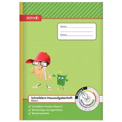 Hausaufgabenheft A4, Klasse 1, Schutzumschlag, Schreiblernlineatur, 1 Woche / 2 Seiten, 96 Seiten, Wochensymbole, Tagesfarben u. -zahlen