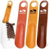 SULPO Schuhlöffel aus Kunststoff - Schuhanzieher Klein mit Lochung zum Aufhängen - Robuste Shoe Horn aus Plastik - Schuhlöffel Klein - 19 cm/Orange–Hellorange–Braun / 3 Stk.