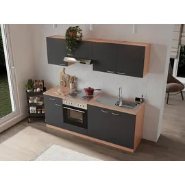 Respekta Küchenzeile Gerda 210 cm E-Geräte Edelstahlkochmulde grau/buche nachbildung