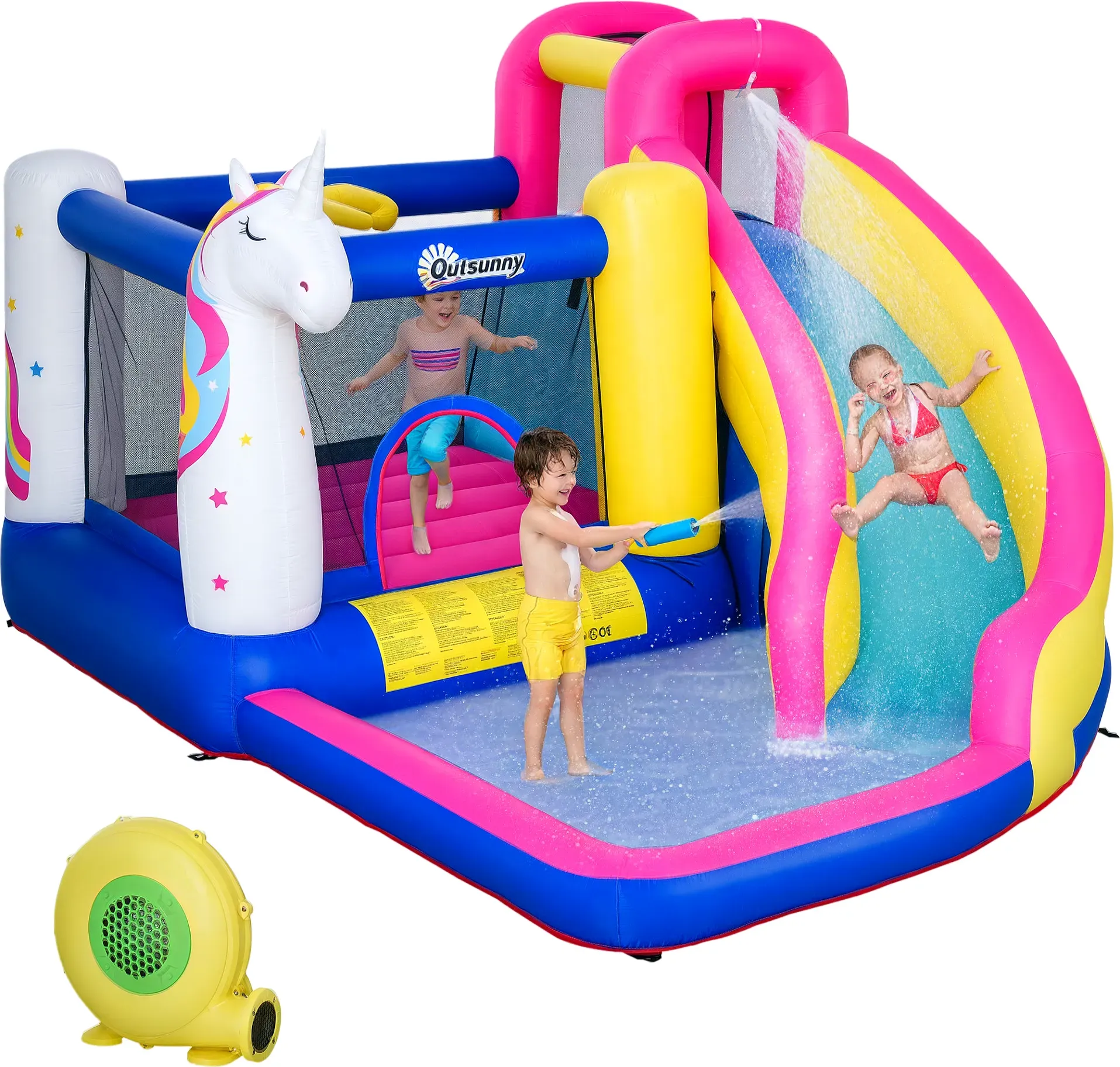Outsunny Hüpfburg mit Gebläse und Rutsche, aufblasbare Springburg für 4 Kinder, Wasserpark für 3-8 Jahre, Oxford-Polyester-Gewebe, ideal für Outdoor-Spaß   Aosom.de