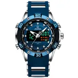 youwen Herren-Armbanduhr, Sport, Chronograph, wasserdicht, Militär, multifunktional, mit Gummiband, Blau, Armband