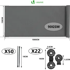 VOUNOT Zaunblende 1.5×10m, Sichtschutz Zaun HDPE Schattiernetz, Grau -