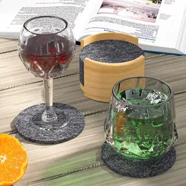 Intirilife 10er Set Filzuntersetzer mit Holzhalterung in Dunkel Grau - Gr.: onesize