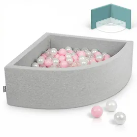 KiddyMoon Bällebad 90X30cm/200 Bälle Bällepool mit Bällen ∅ 7Cm für Babys Kinder Viertel Eckig, Hellgrau:Rosa/Perle/Transparent