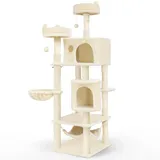 VOUNOT Katzenbaum 168cm, mehrstöckiger Katzenmöbel, XXL mit Korb, Hängematte, Plüschbälle, Dicke stämme, Kletterbaum für Katzen, Beige